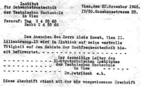 Eine Bestätigung der TU Wien aus 1945 für die >Bedeutung< seiner Aktivitäten für die Hochfrequenztechnik rückseitig zudem notariell beglaubigt.
