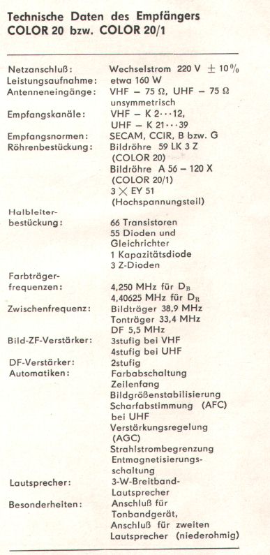 Technische Daten des DDR Farbfernsehgerätes Color20 Color-20 Color 20/!