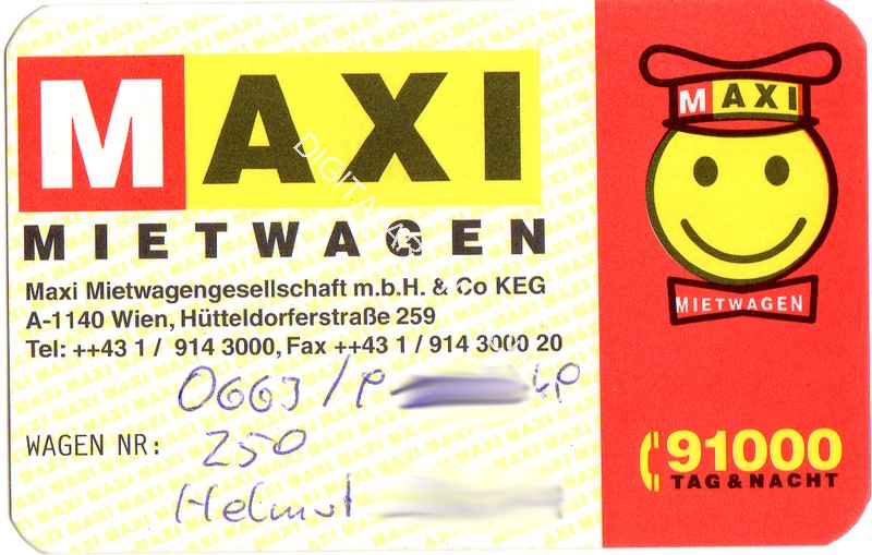 Maxi Mietwagen Visitenkarte 1995