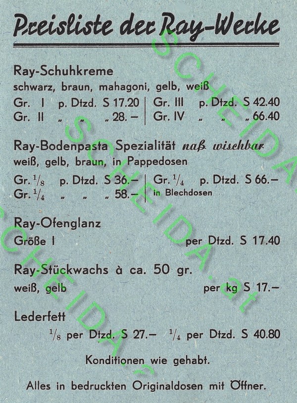 Ray-Werke Preisliste