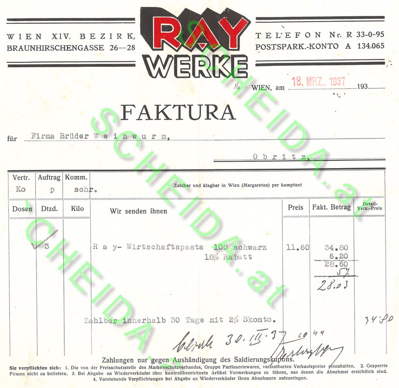 Ray-Werke Wien Rechnung 1937
