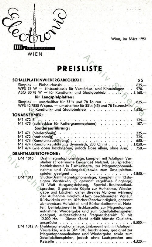 Electronic Preisliste 1951 