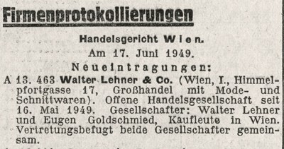 Firmenprotokollierung aus [Wiener Zeitung] vom 28. Juni 1949