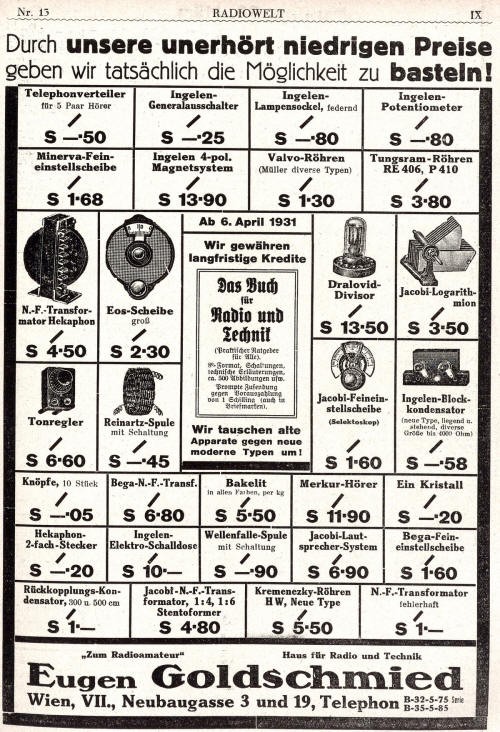 Werbung Eugen Goldschmied 1931 Radiowelt