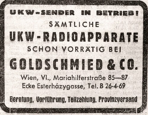 Am Puls der Zeit beweist die Werbeschaltung aus dem Wiener Kurier vom 14. September 1953 gleich mit dem neuen UKW Radios