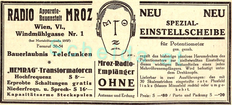 Werbung Radio-Apparate-Bauanstalt MROZ Radiowelt 1926