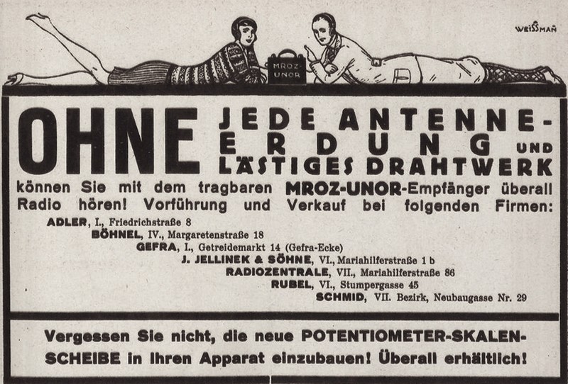 Werbung des MROZ-Unor tragbaren Radios das auch Rubel im Vertrieb hatte.
