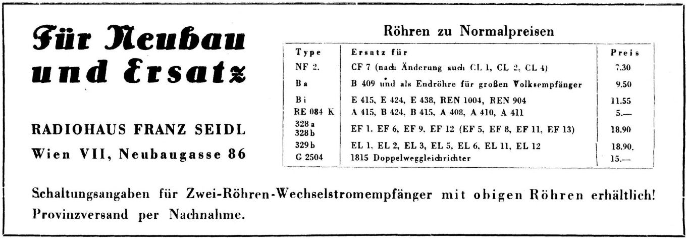 Radio Seidl Wien Röhrenangebote 1946