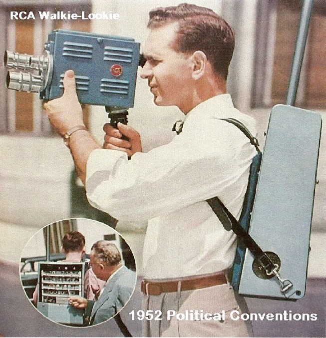 RCA Walkie-Lookie, Der „man“ Mann mit seinem back-pack vor dem großen Einsatz bei der 1952er Political Convention. Im Bild zu sehen auch der modulare Aufbau, an dem vor dem Einsatz „noch alle Schrauben nachzuziehen“ sind